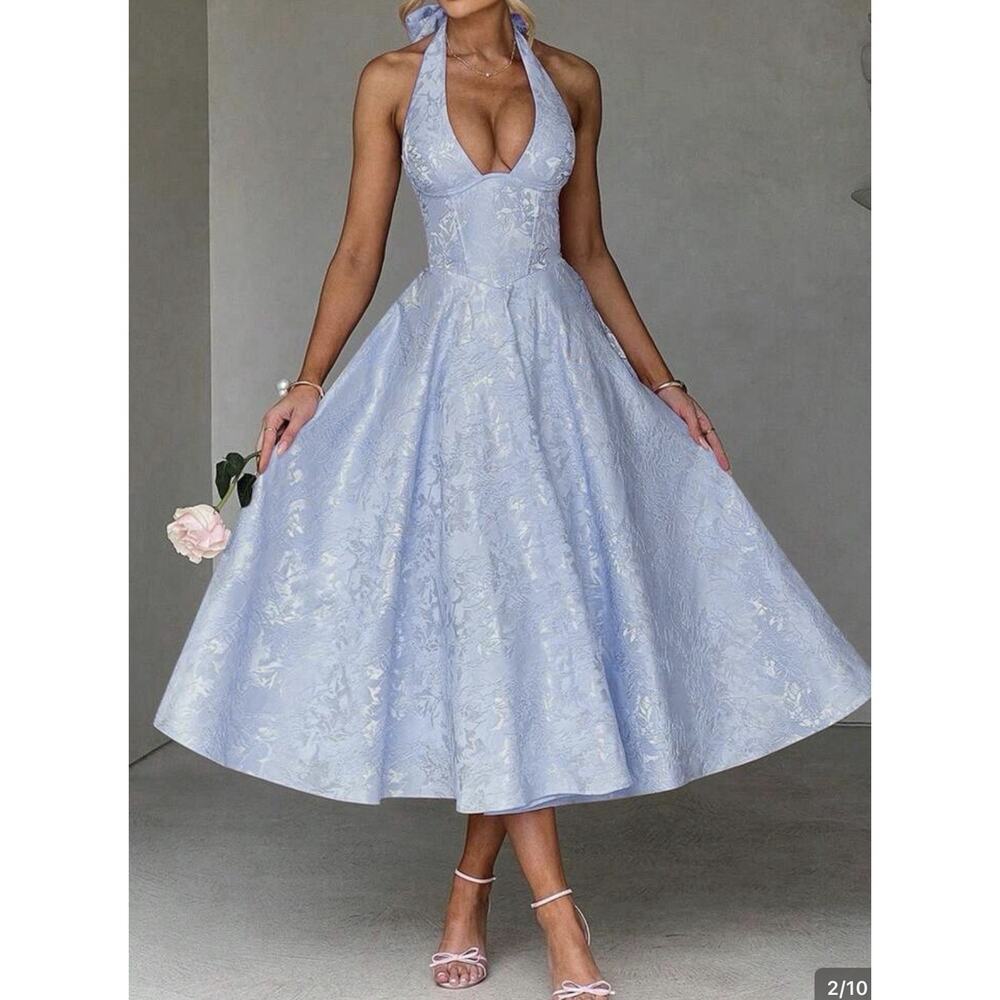 Women’s Halter V-Neck Flare Midi Dress Summer Blue embossed floral Vintage XL